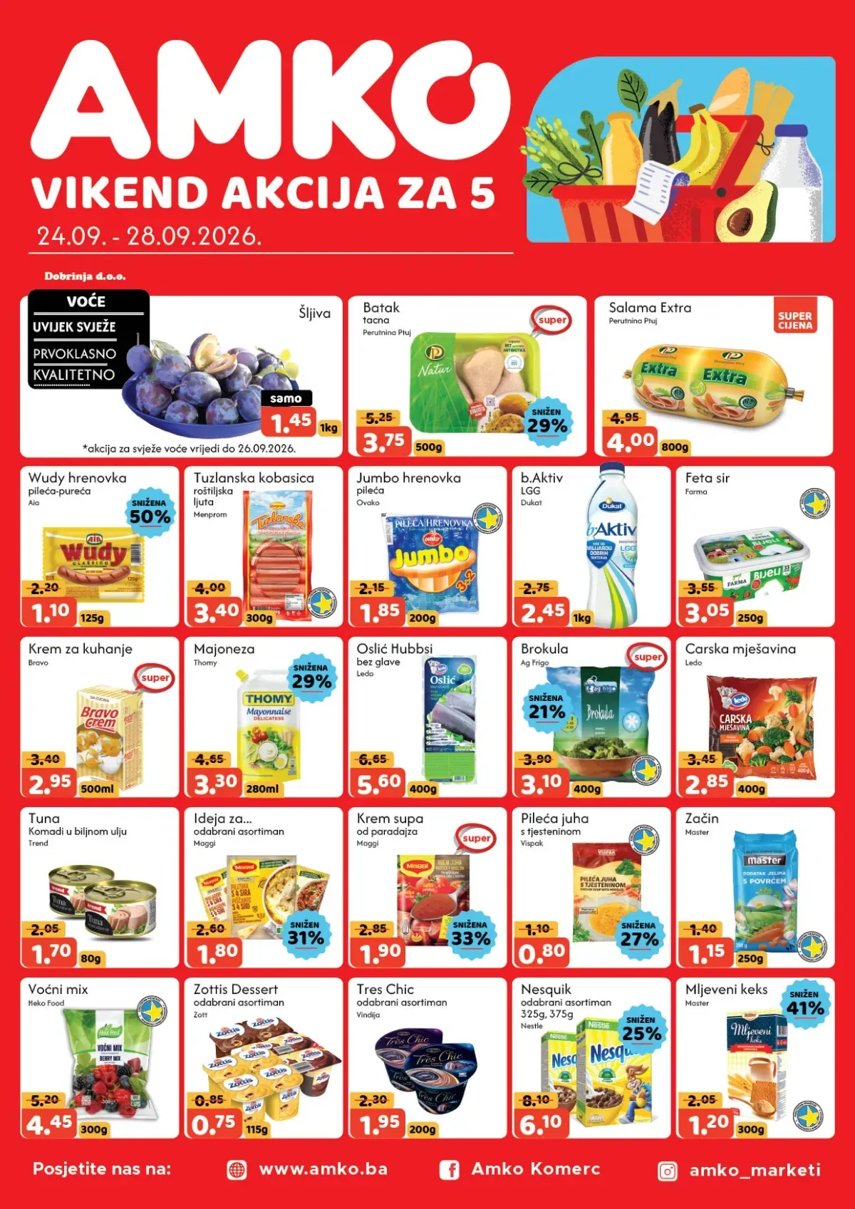 AMKO vikend akcija od 24. do 28.09.2026. – šljive, pileći batak, salama, mliječni proizvodi i druga hrana na sniženju