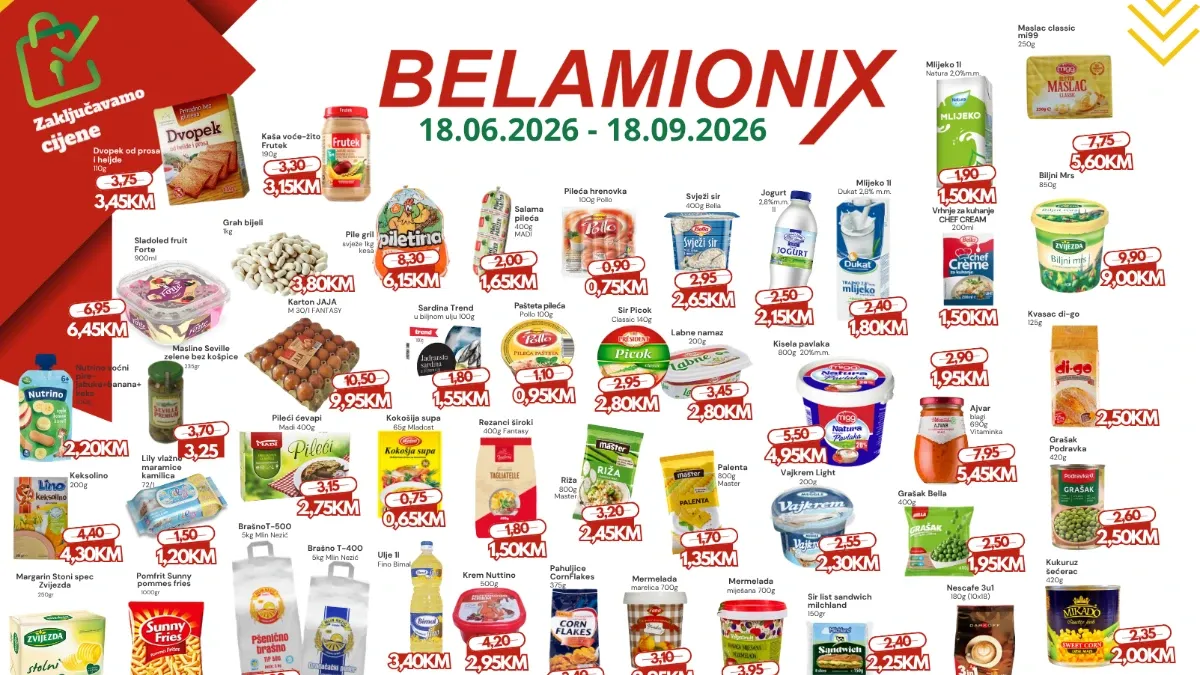 Belamionix zaključane cijene na 100 proizvoda do 18.09.2026. – prehrana, piće, hemija i proizvodi za domaćinstvo