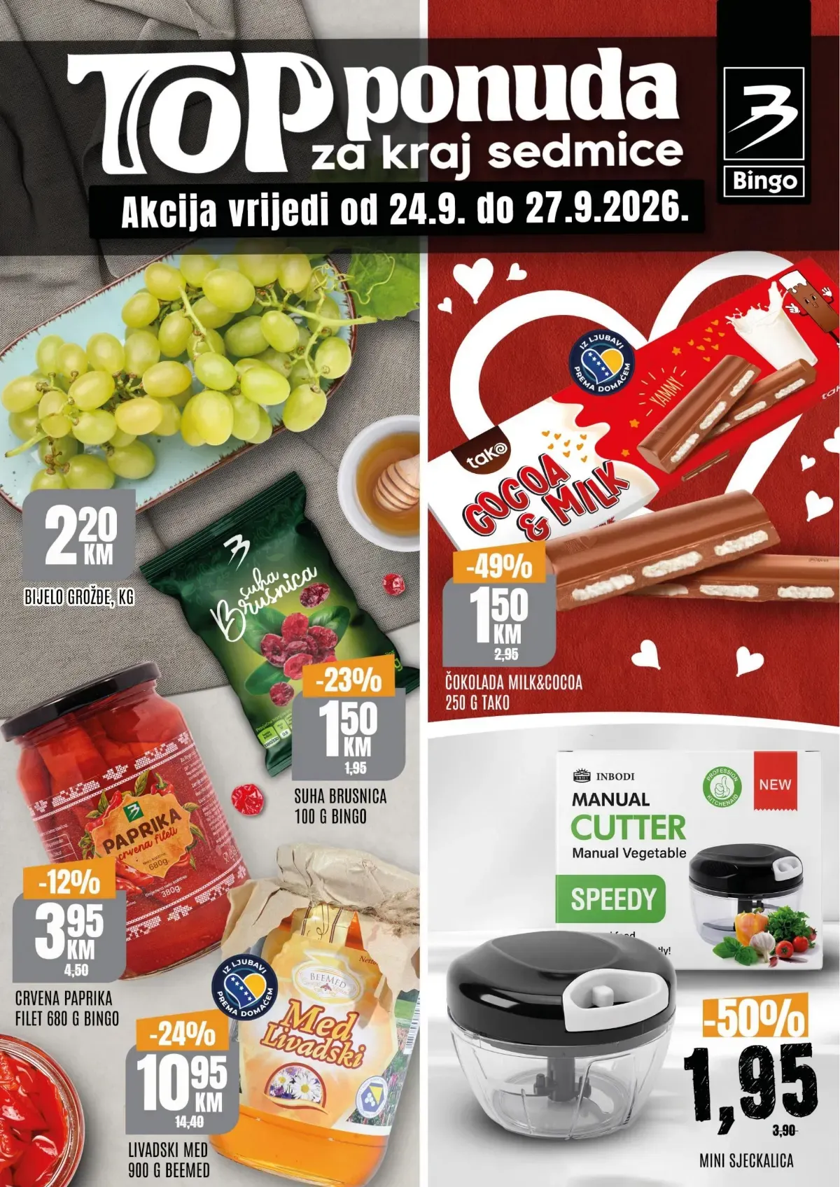 Bingo TOP ponuda za kraj sedmice od 24.09. do 27.09.2026. – hrana, piće, slatkiši, kućne potrepštine i proizvodi za dom na akciji