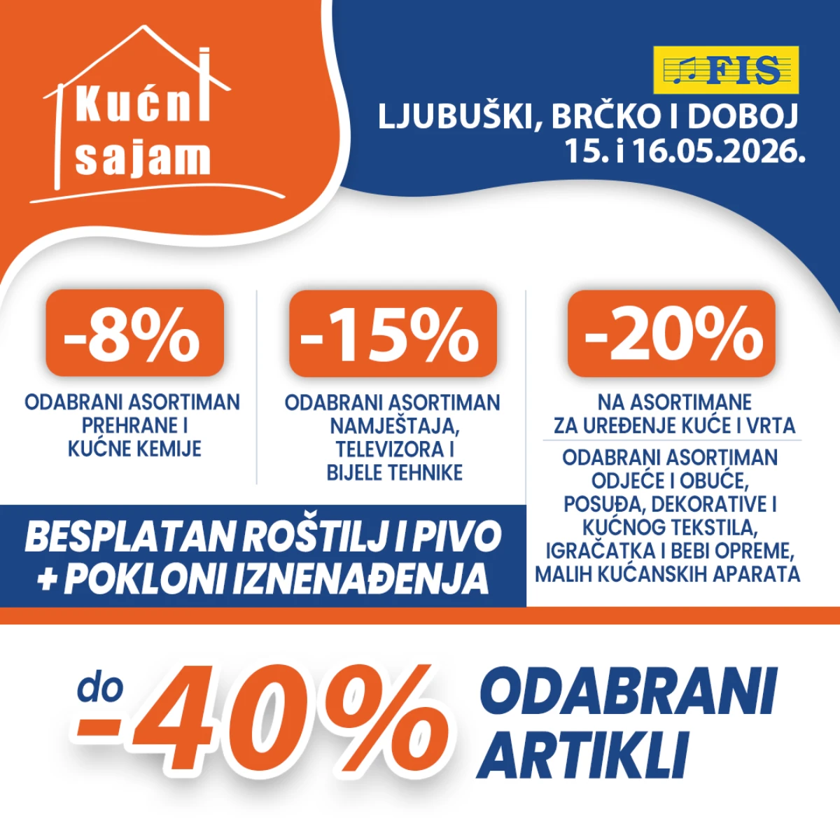 FIS Kućni sajam Ljubuški Brčko Doboj maj 2026 – popusti do 40 posto na tehniku, namještaj i vrt
