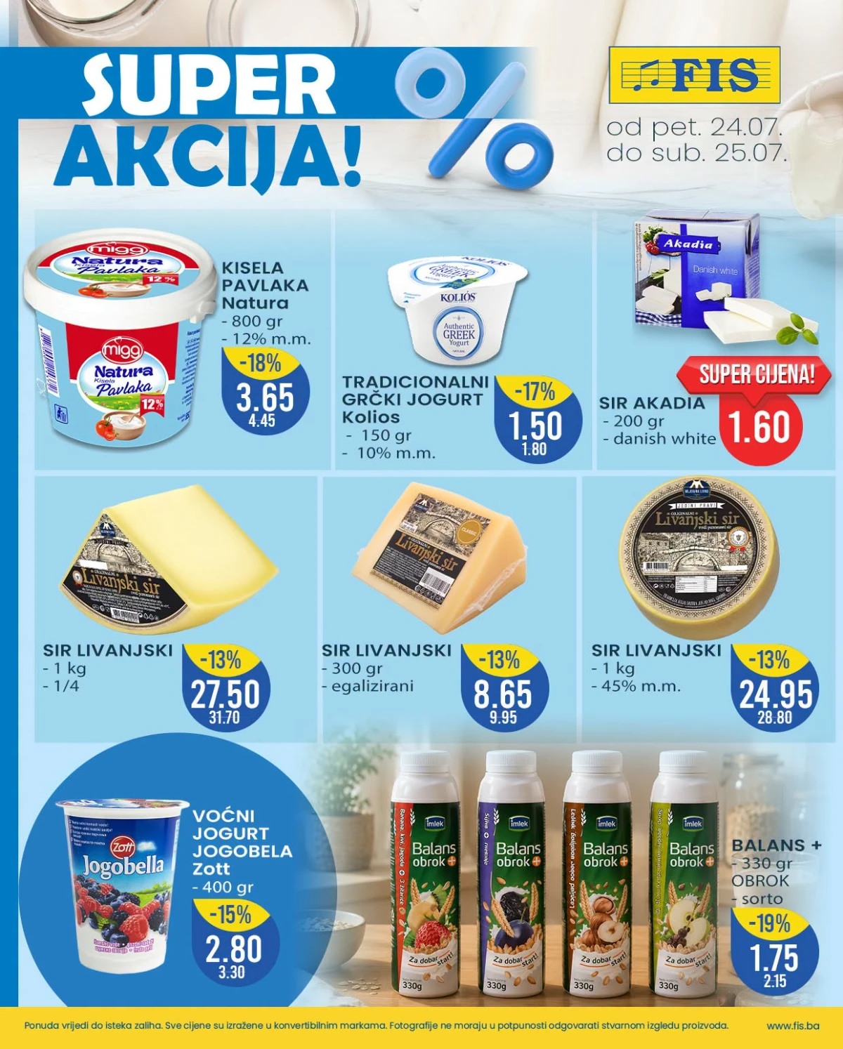 FIS SUPER AKCIJA – sirevi, jogurti, pavlaka i mliječni proizvodi po akcijskim cijenama do 25.07.2026.