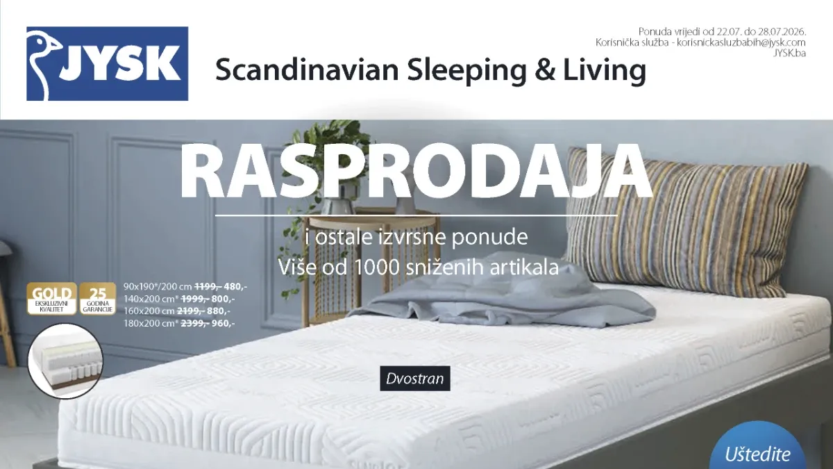 JYSK rasprodaja donosi popuste do 65% na madrace, namještaj, baštenski program i više od 1.000 sniženih artikala do 28.07.2026.