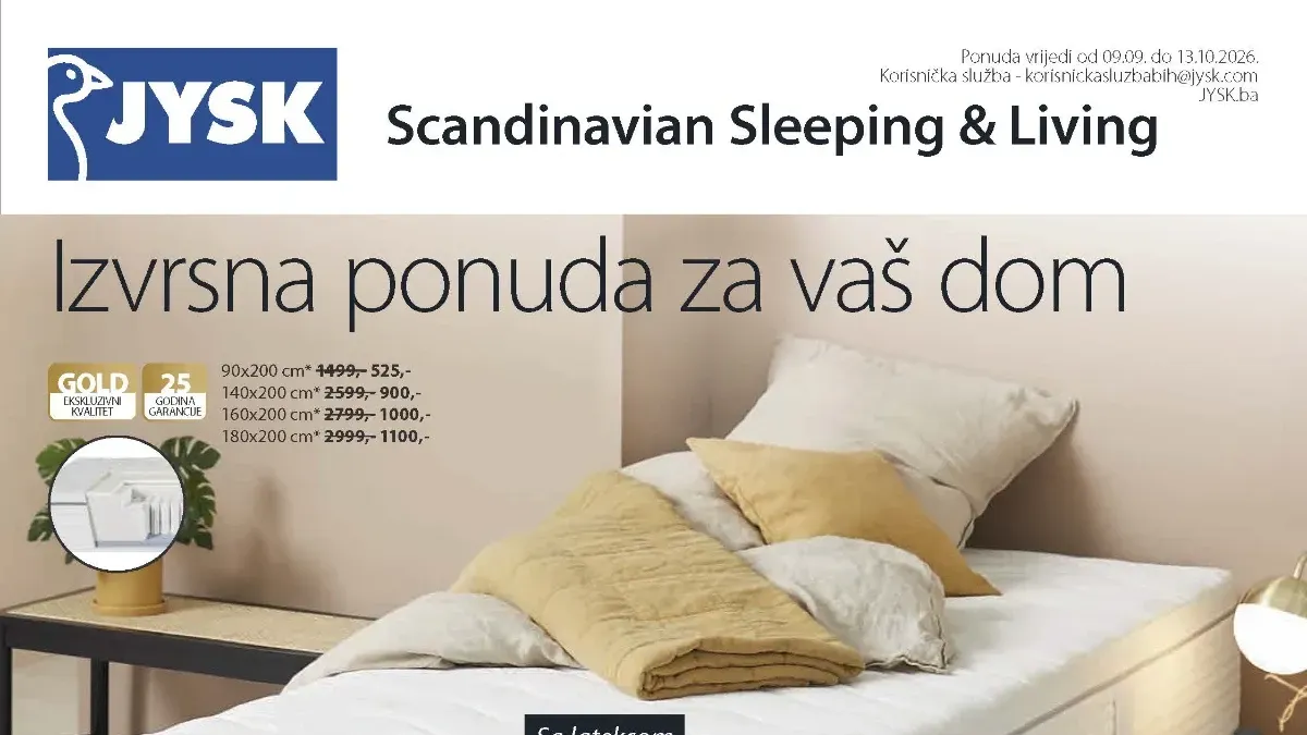 JYSK Izvrsna ponuda za dom od 09.09. do 13.10.2026. – madraci, namještaj, posteljina i oprema za dom sniženi do 65%