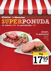 Konzum i Mercator SUPER ponuda ćevapi 17,95 KM paradajz 2,95 KM akcija do 04. maja 2026