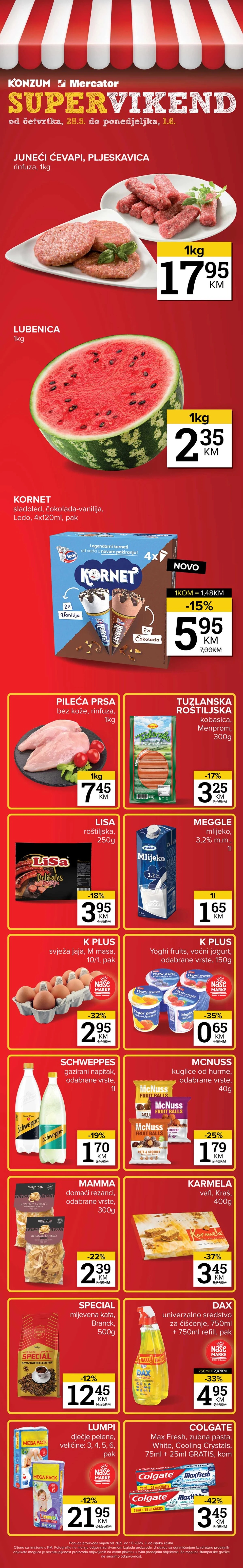 Konzum i Mercator Supervikend katalog – ćevapi 17,95 KM, lubenica 2,35 KM, Kornet sladoled 5,95 KM i vikend akcija do 01.06.2026