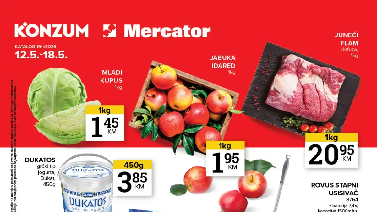 Konzum i Mercator katalog 05.05 do 11.05 2026 meso 22,45 KM krompir 1,35 KM sladoled 3,75 KM sniženja