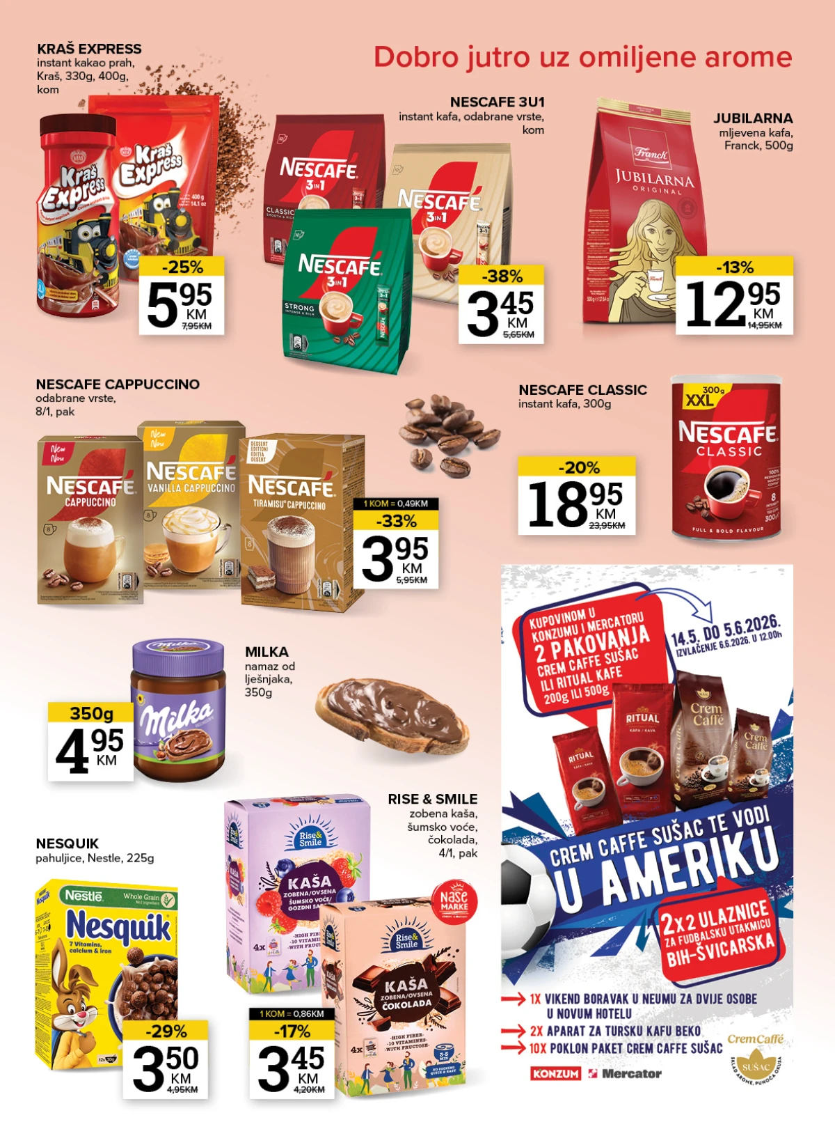 Konzum i Mercator katalog maj 2026 kafa granola i doručak akcija