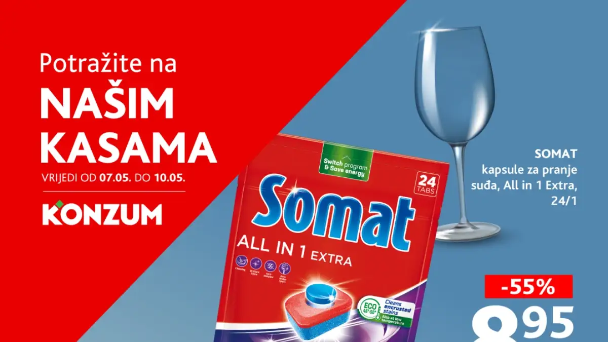 Konzum i Mercator akcija na kasama do 10.05.2026 Somat kapsule 8,95 KM Dove sapun 1,95 KM popusti do 55 posto