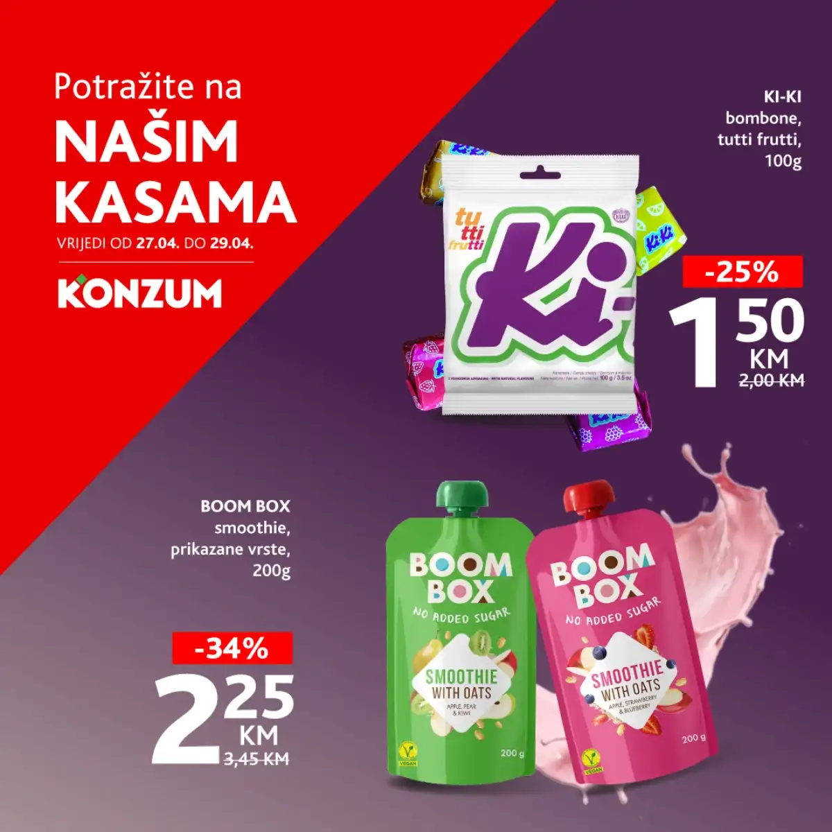 Konzum i Mercator akcija sniženja na kasama Ki-Ki bombone i Boom Box smoothie do 29.04.2026