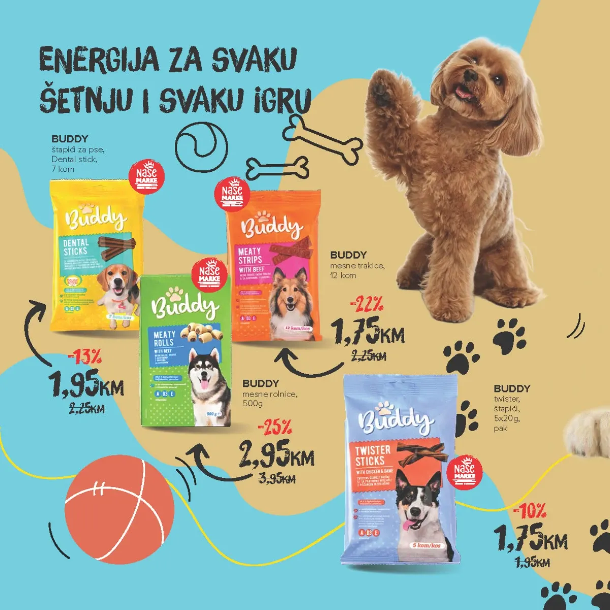 Buddy poslastice, mesne rolnice, trakice i Dental Stick za pse na akciji u Konzumu i Mercatoru