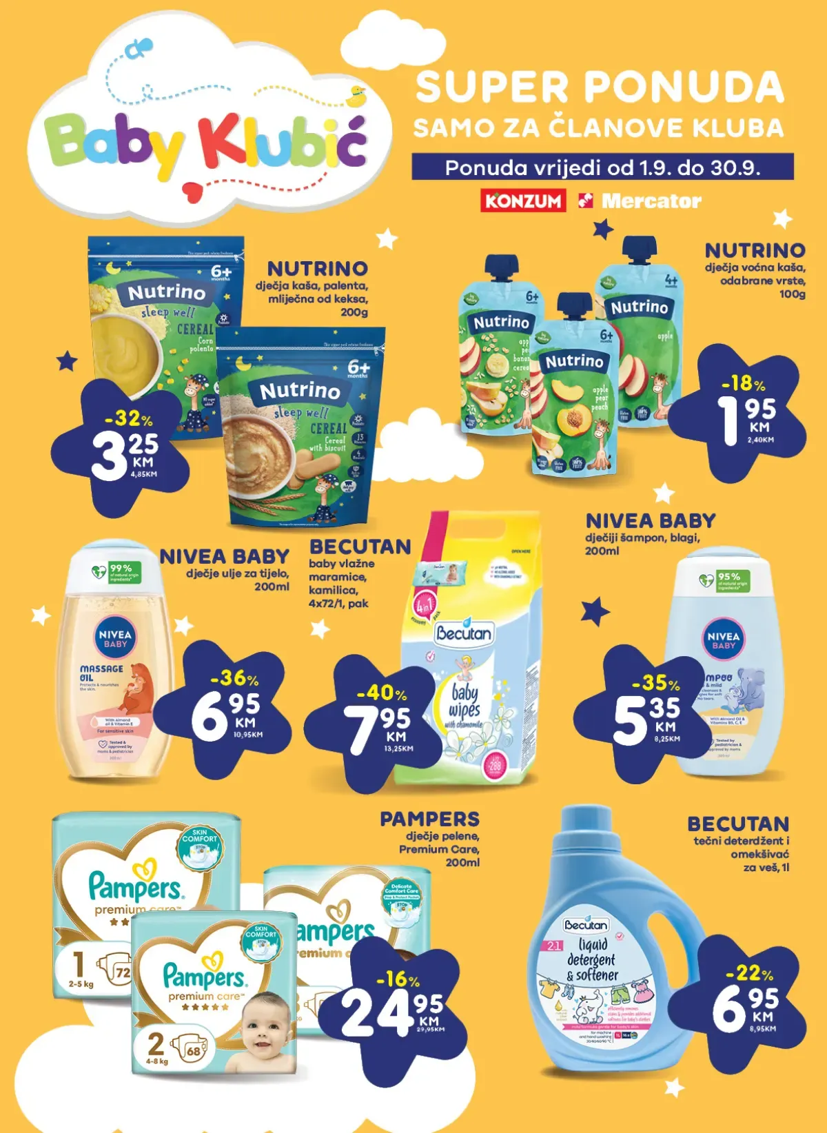 Konzum i Mercator Baby Klubić – Nutrino, Nivea Baby, Becutan i Pampers na akciji