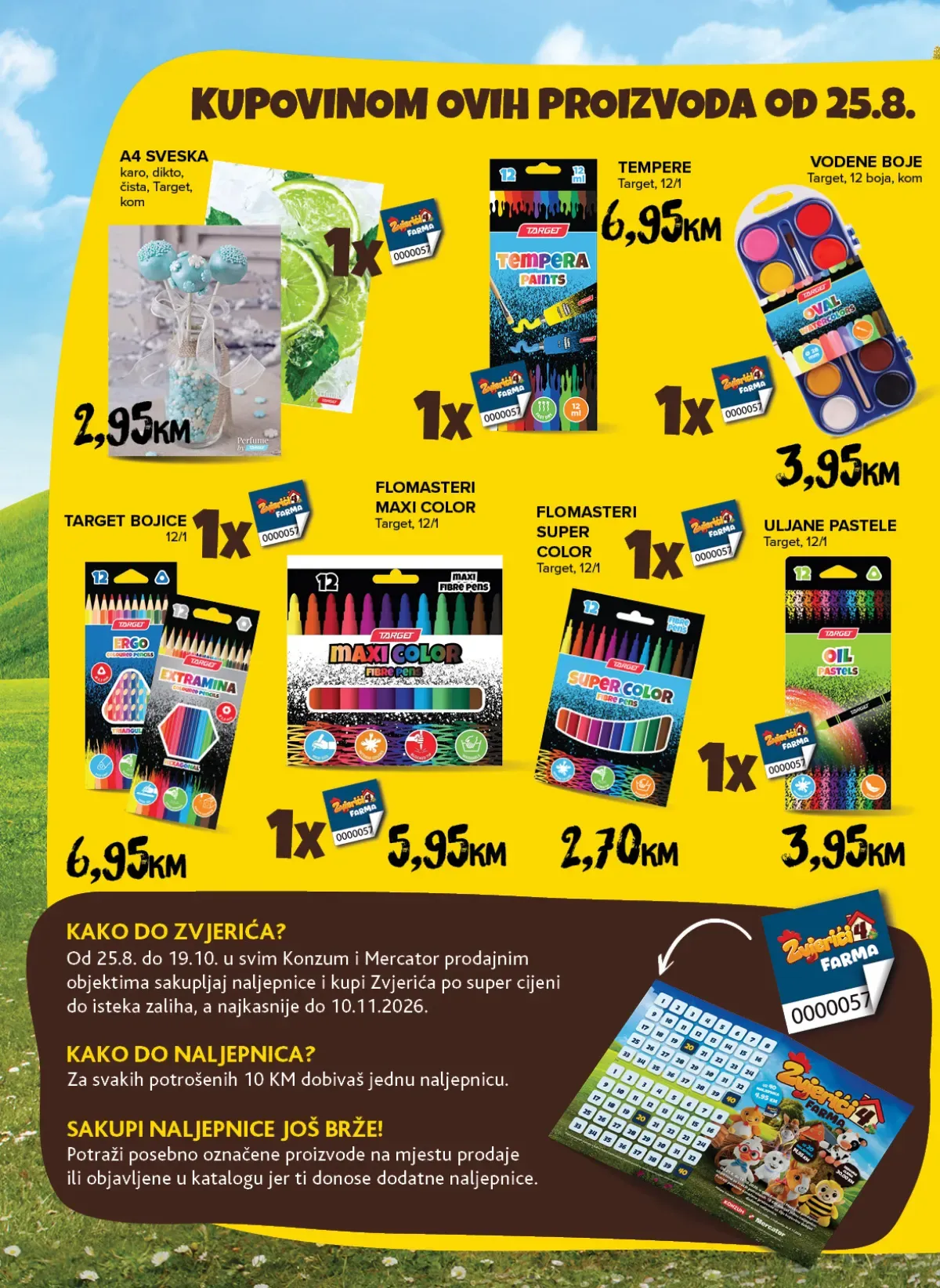 Konzum i Mercator katalog – školski pribor uz Zvjierići Farma naljepnice