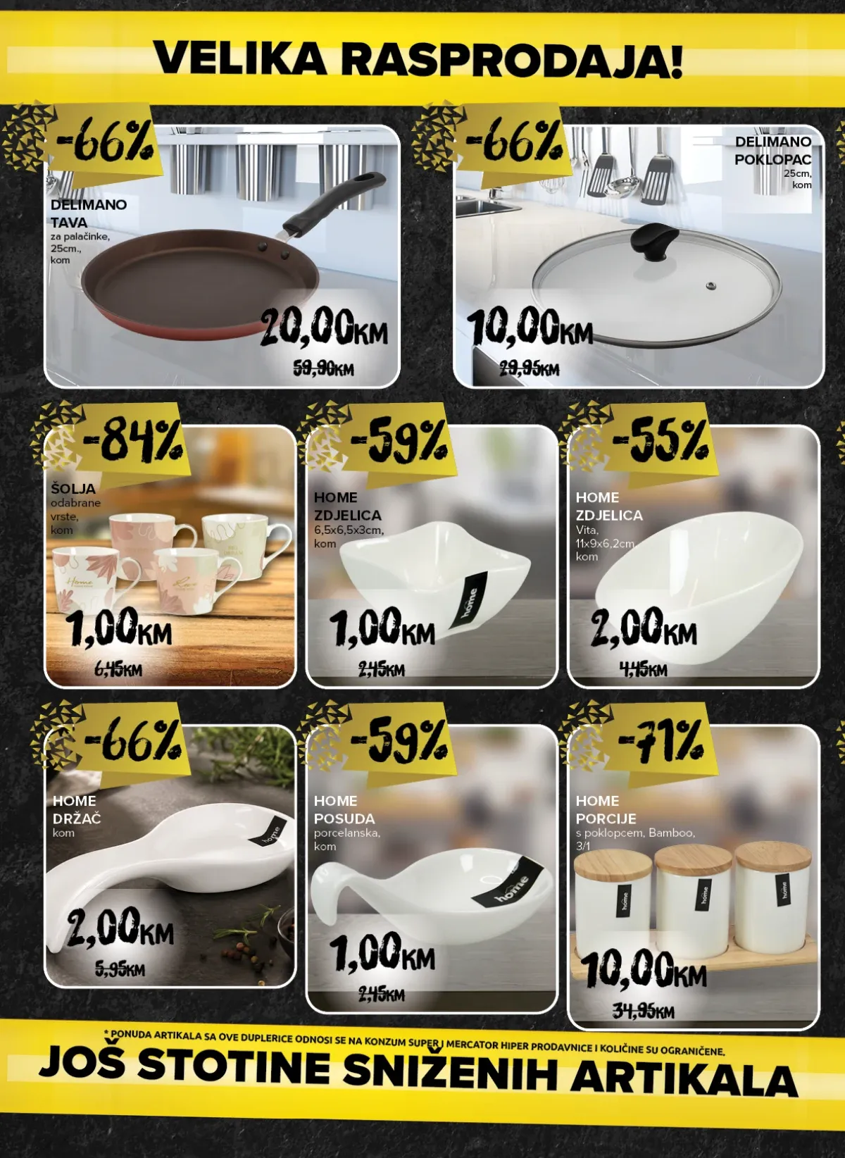 Konzum i Mercator rasprodaja posuđa, tava, šolja i porculana