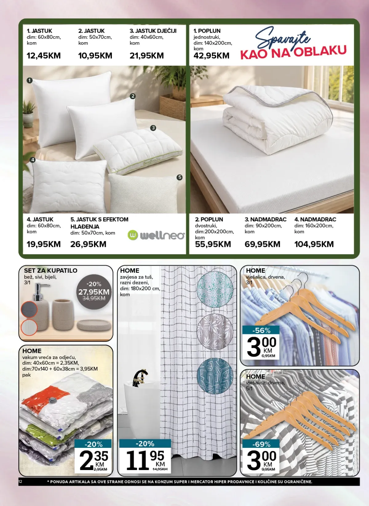 Konzum i Mercator jastuci, popluni, nadmadraci i proizvodi za kupatilo