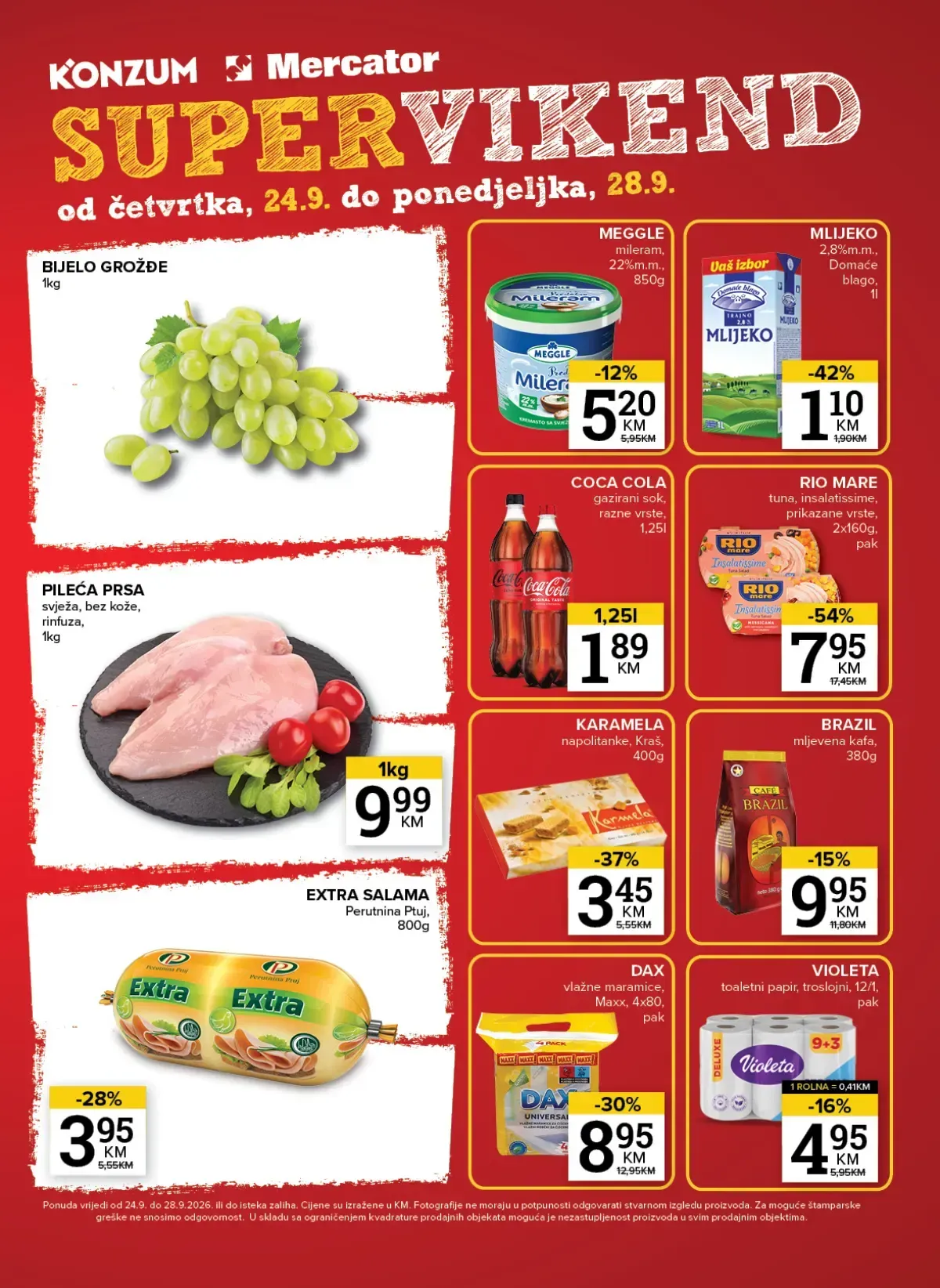 Konzum i Mercator Super vikend od 24.09. do 28.09.2026. – pileća prsa 9,99 KM, mlijeko 1,10 KM, Rio Mare tuna 7,95 KM, salama 3,95 KM i druge akcijske ponude