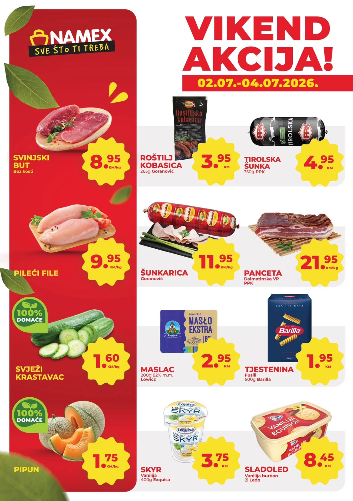 Namex vikend akcija od 02. do 04.07.2026. – prehrana, meso, mliječni proizvodi, voće i proizvodi za domaćinstvo po akcijskim cijenama