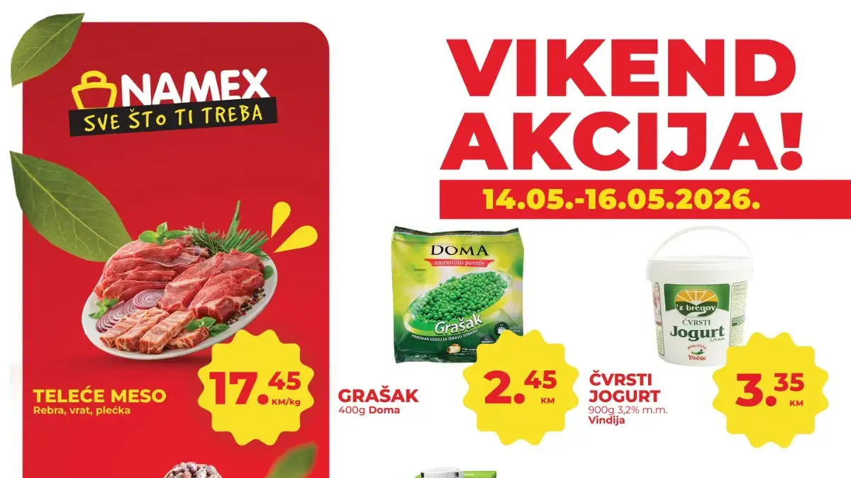 Namex vikend akcija 14-16.05.2026 – teleće meso 17,45 KM, Red Bull 1,95 KM i narandže 1,50 KM