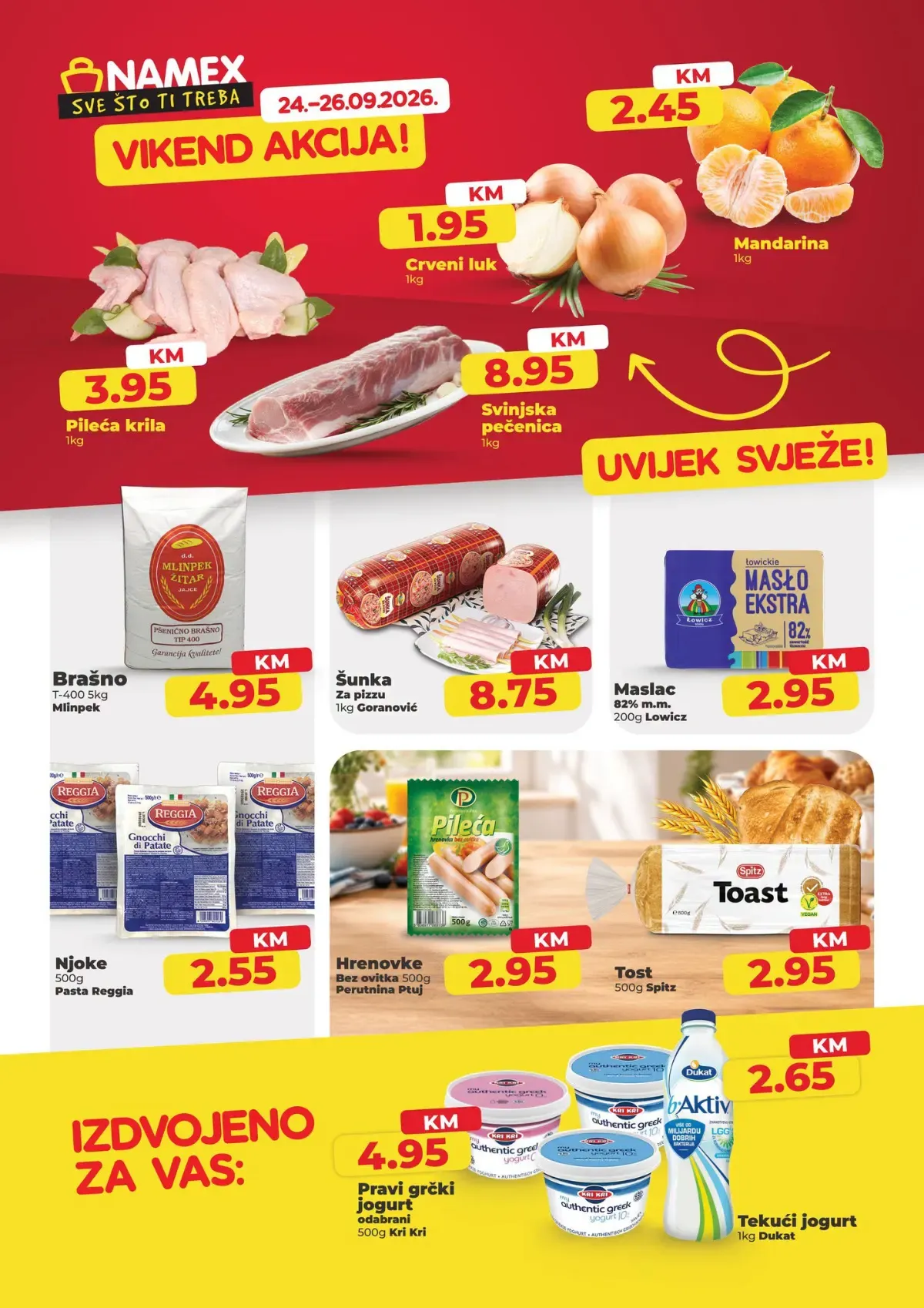 Namex vikend akcija od 24. do 26.09.2026. – pileća krila 3,95 KM, crveni luk 1,95 KM, mandarine 2,45 KM i svinjska pečenica 8,95 KM