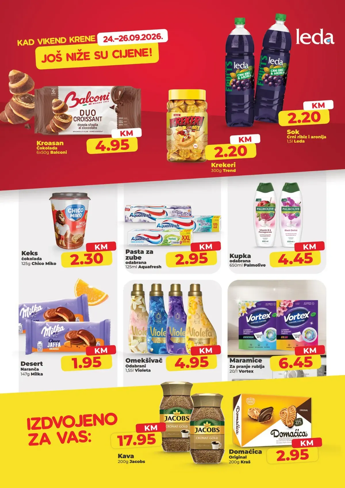 Namex vikend akcija od 24. do 26.09.2026. – kroasan 4,95 KM, Leda sok 2,20 KM, Milka desert 1,95 KM, Aquafresh pasta 2,95 KM i Palmolive kupka 4,45 KM