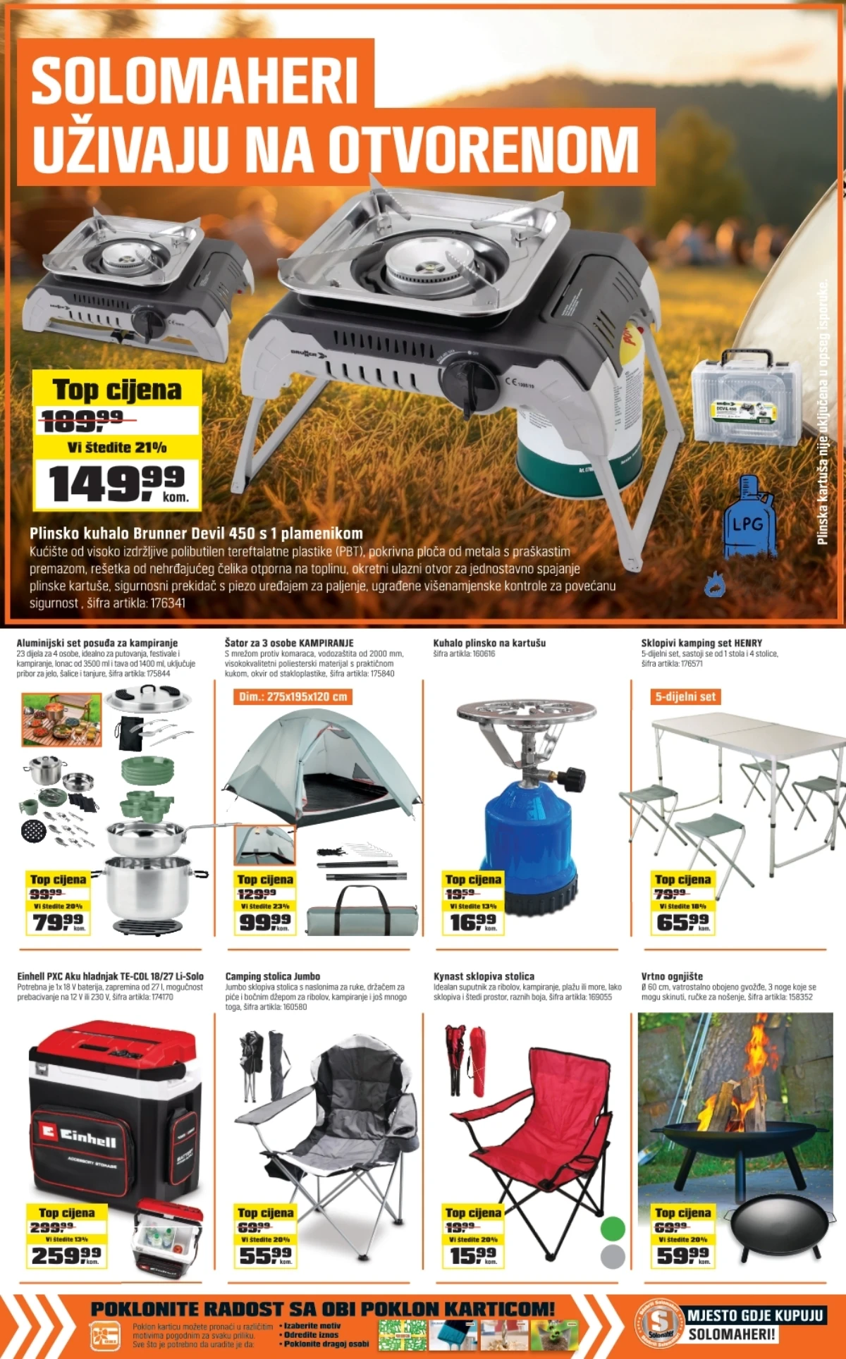 OBI kamping oprema, kuhala, stolice i pribor za boravak na otvorenom