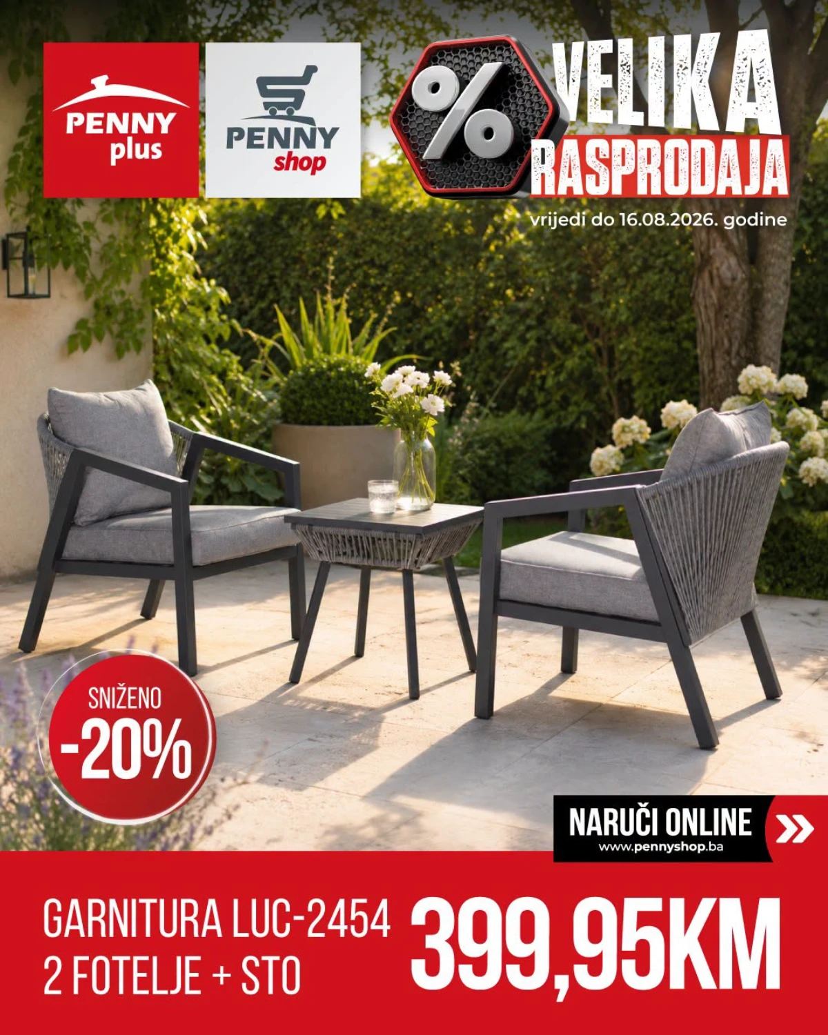 Penny Plus vrtna garnitura LUC-2454 sa dvije fotelje i stolom po cijeni od 399,95 KM.