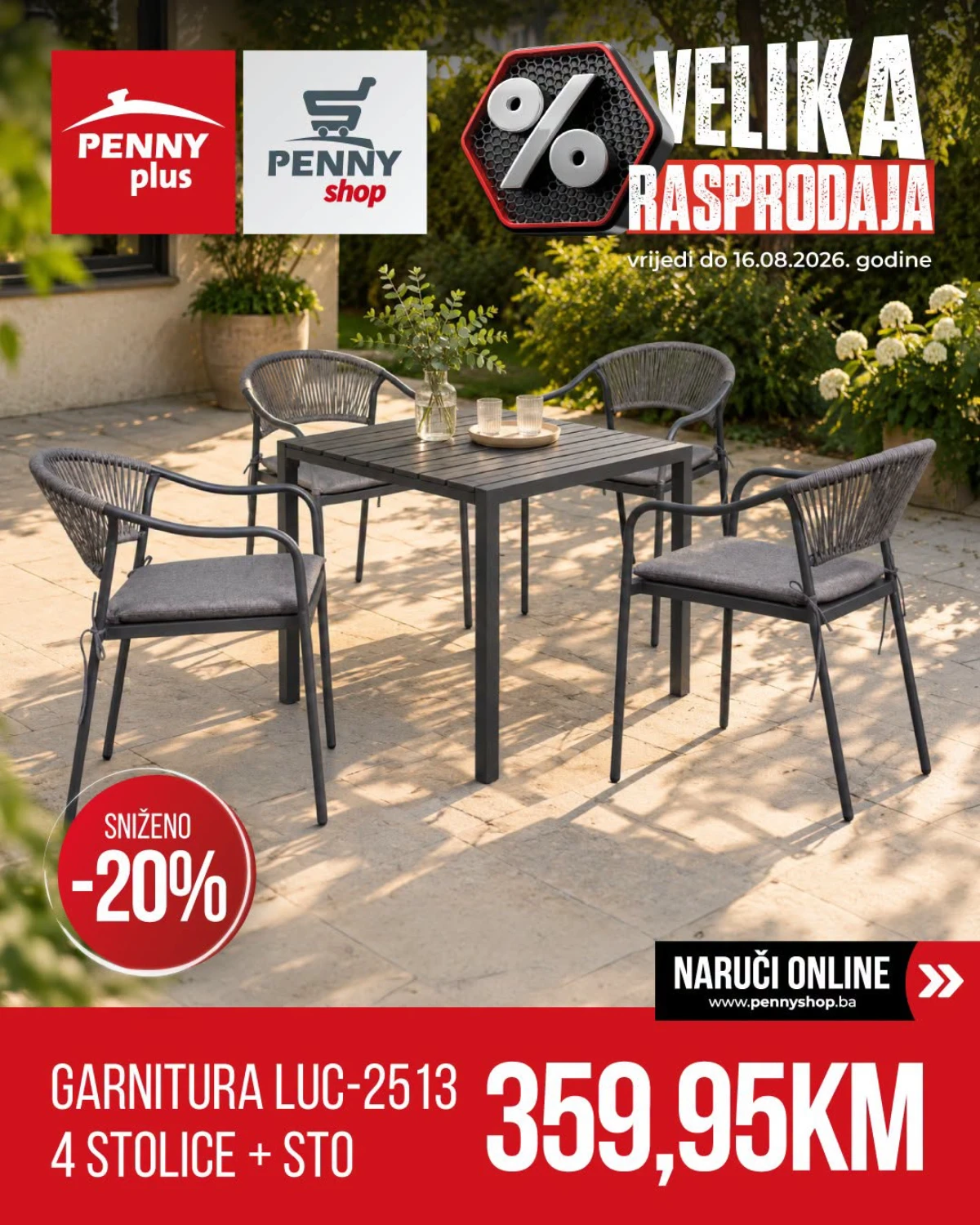 Penny Plus vrtna garnitura LUC-2513 sa četiri stolice i stolom po cijeni od 359,95 KM.