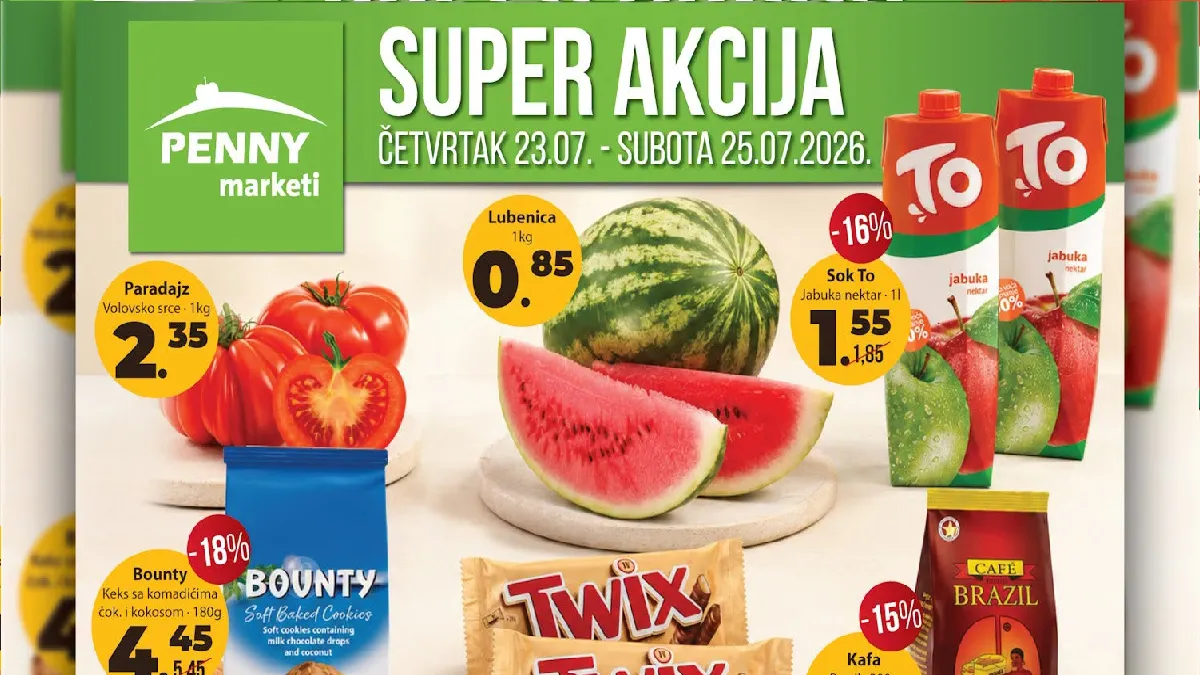 PENNY Market SUPER akcija donosi sniženja do 22% na prehranu, piće, higijenu i proizvode za domaćinstvo do 25.07.2026.