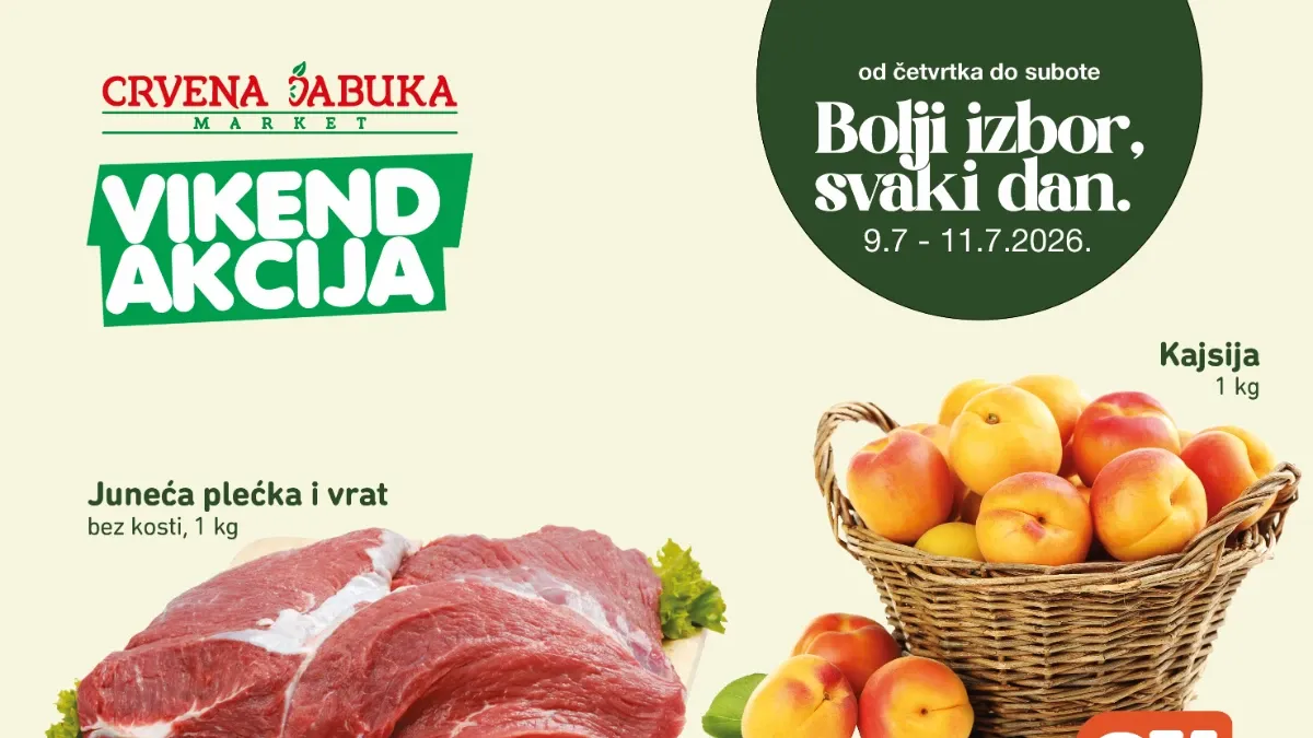 Crvena Jabuka Market vikend akcija od 09. do 11.07.2026. – vikend ponuda sa sniženim cijenama mesa, voća, pića i gotovih jela