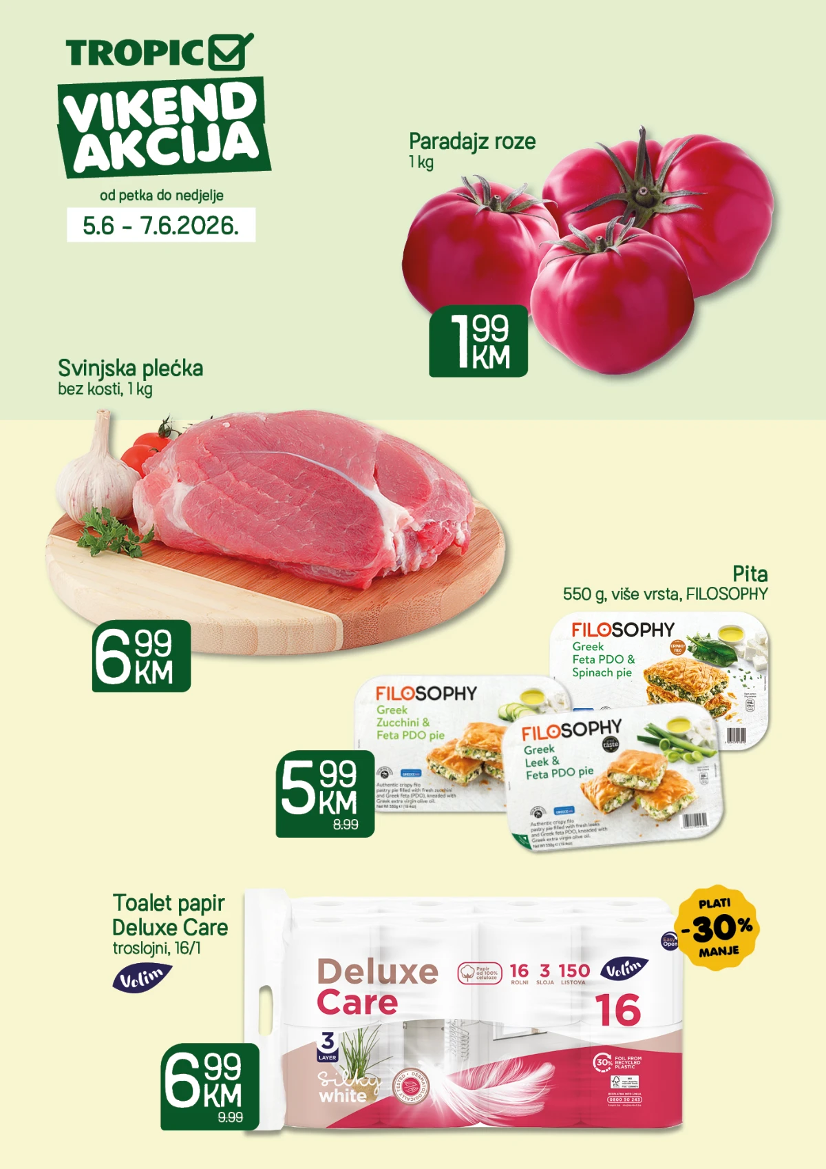 Tropic vikend akcija do 07.06.2026 – paradajz roze 1,99 KM, svinjska plećka 6,99 KM i vikend ponuda po sniženim cijenama