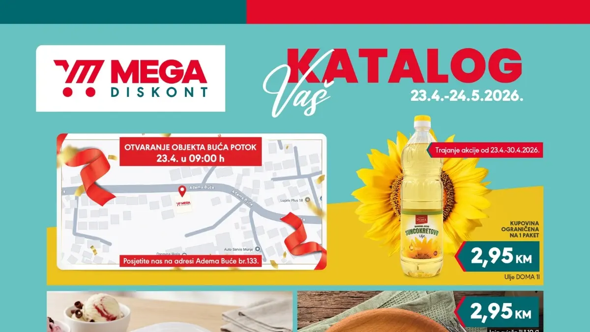 Mega Diskont Buća Potok otvaranje akcija sniženja prehrana piće kućne potrepštine do 04. maja 2026