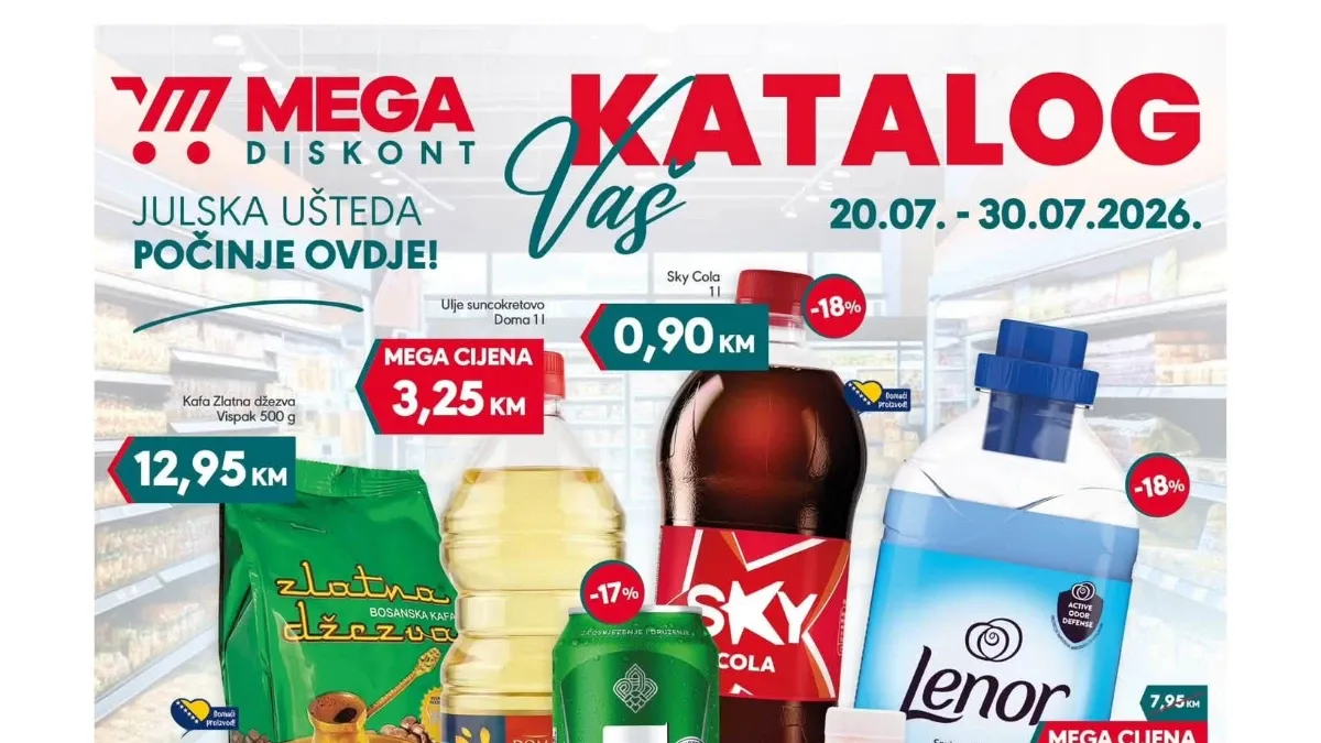 Mega Diskont katalog od 20. do 30.07.2026. – prehrana, pića, kućne potrepštine i proizvodi za domaćinstvo uz popuste do 58%