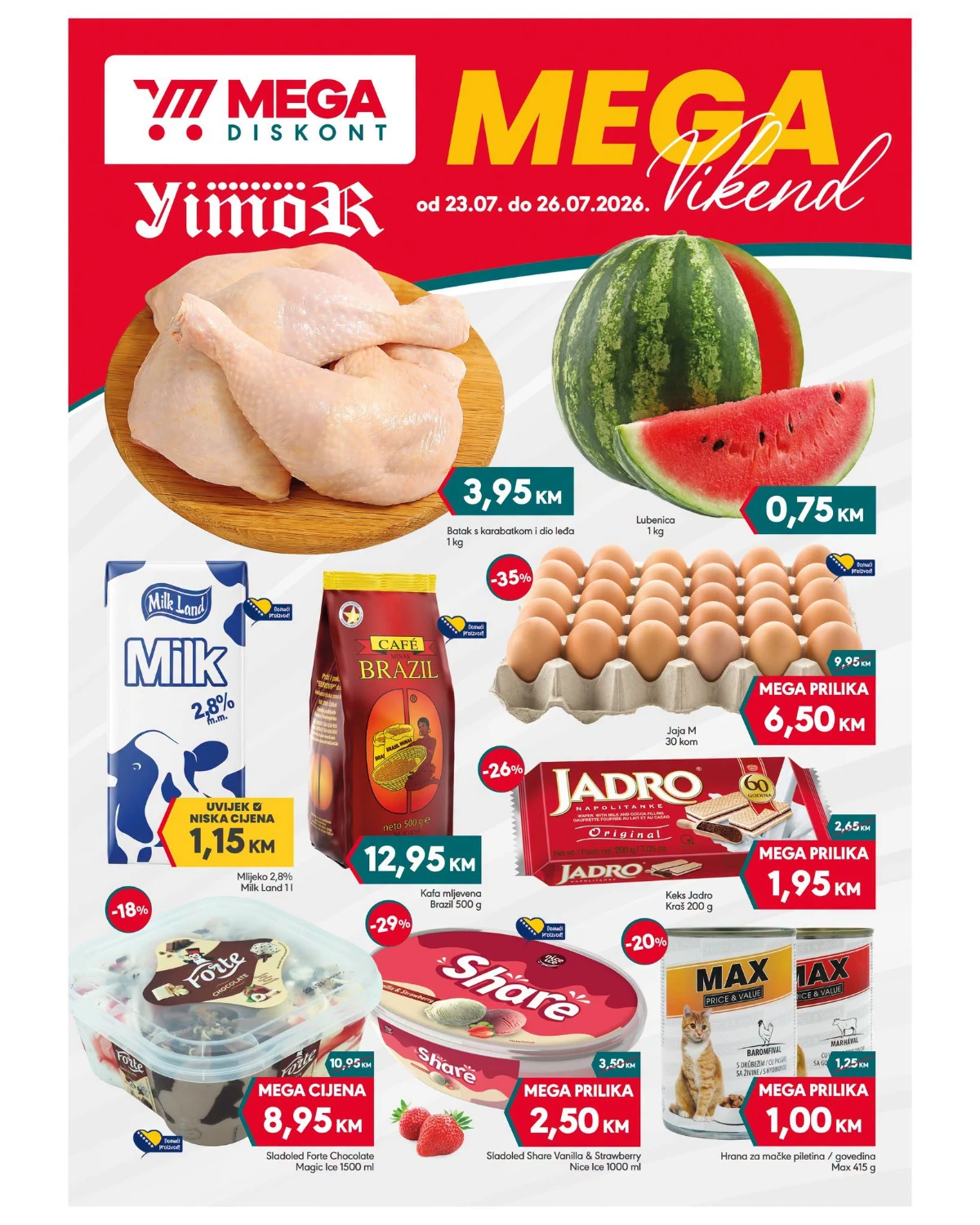 Mega Diskont MEGA Vikend donosi popuste do 35% na piletinu, lubenicu, jaja, mlijeko, kafu i brojne prehrambene proizvode do 26.07.2026.