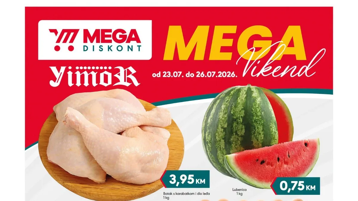 Mega Diskont MEGA Vikend donosi popuste do 35% na prehranu, pića i proizvode za domaćinstvo do 26.07.2026.