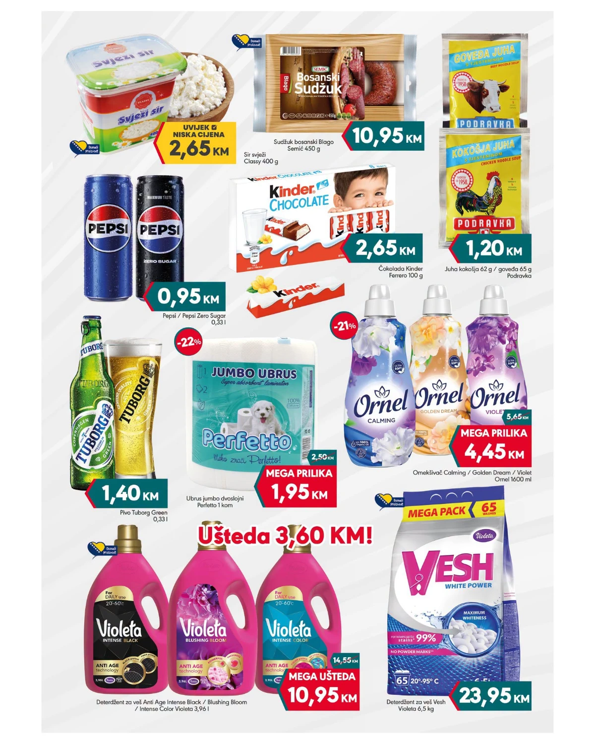 Mega Diskont MEGA Vikend donosi akcijske cijene za sir, sudžuk, Pepsi, Kinder čokoladu, deterdžente i omekšivače do 26.07.2026.